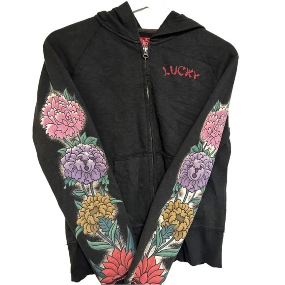 Y2K lucky brand S zip up hoodie sweatshirt‎ floral tattoo print boho rocker 00s